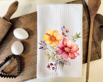 Floral Waffle Weave Kitchen Towel: Decorative Microfiber Dish Towel