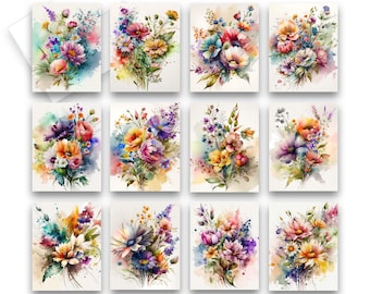 Assorted Watercolor Flowers Greeting Card Set, blank notecard, assorted cards, blank note cards with envelopes, Watercolor cards
