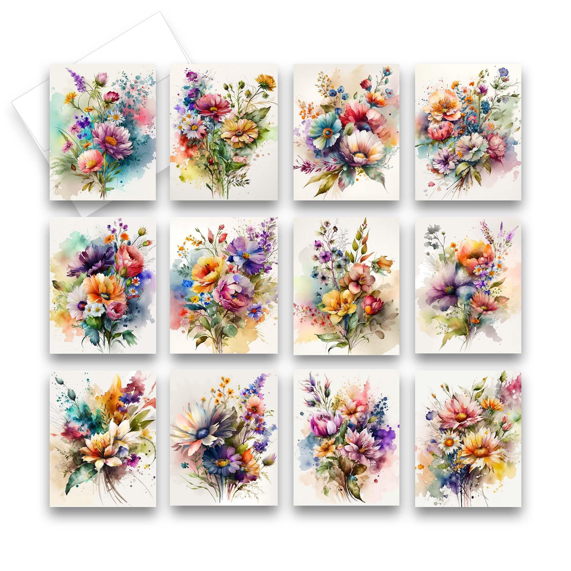 Assorted Watercolor Flowers Greeting Card Set, Blank Notecard, Assorted ...