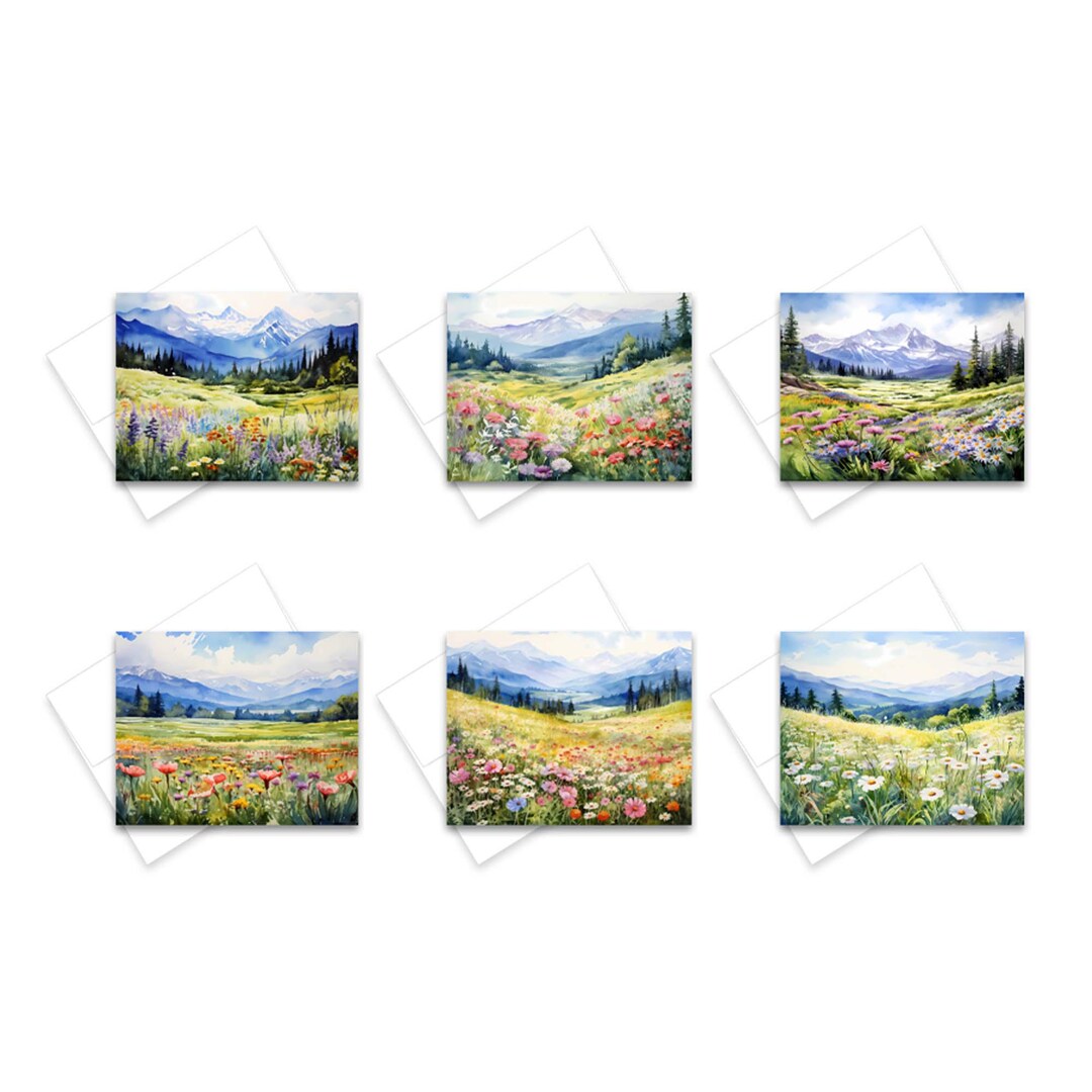 Assorted Greeting Cards, Watercolor Mountain Cards Floral Stationery ...