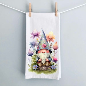 Garden Gnome kitchen towel, Flour Sack Towel, Dish Towel, Tea Towel, Spring Home Decor, Cute towel, Flour Sack Dish Towel, Floral tea towel