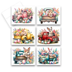 May include: Six different Easter-themed cards featuring a vintage pickup truck with a bunny rabbit and Easter eggs. The trucks are painted in various colors, including red, yellow, blue, and pink. The bunnies are all white with pink noses and ears. The cards are perfect for sending Easter greetings to friends and family.