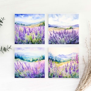 Lavender Fields Coasters, Set of 4, Ceramic Tile Coaster, Drink Coaster, Patio Coasters, Wildflower Coaster, Floral Coaster, cute coasters