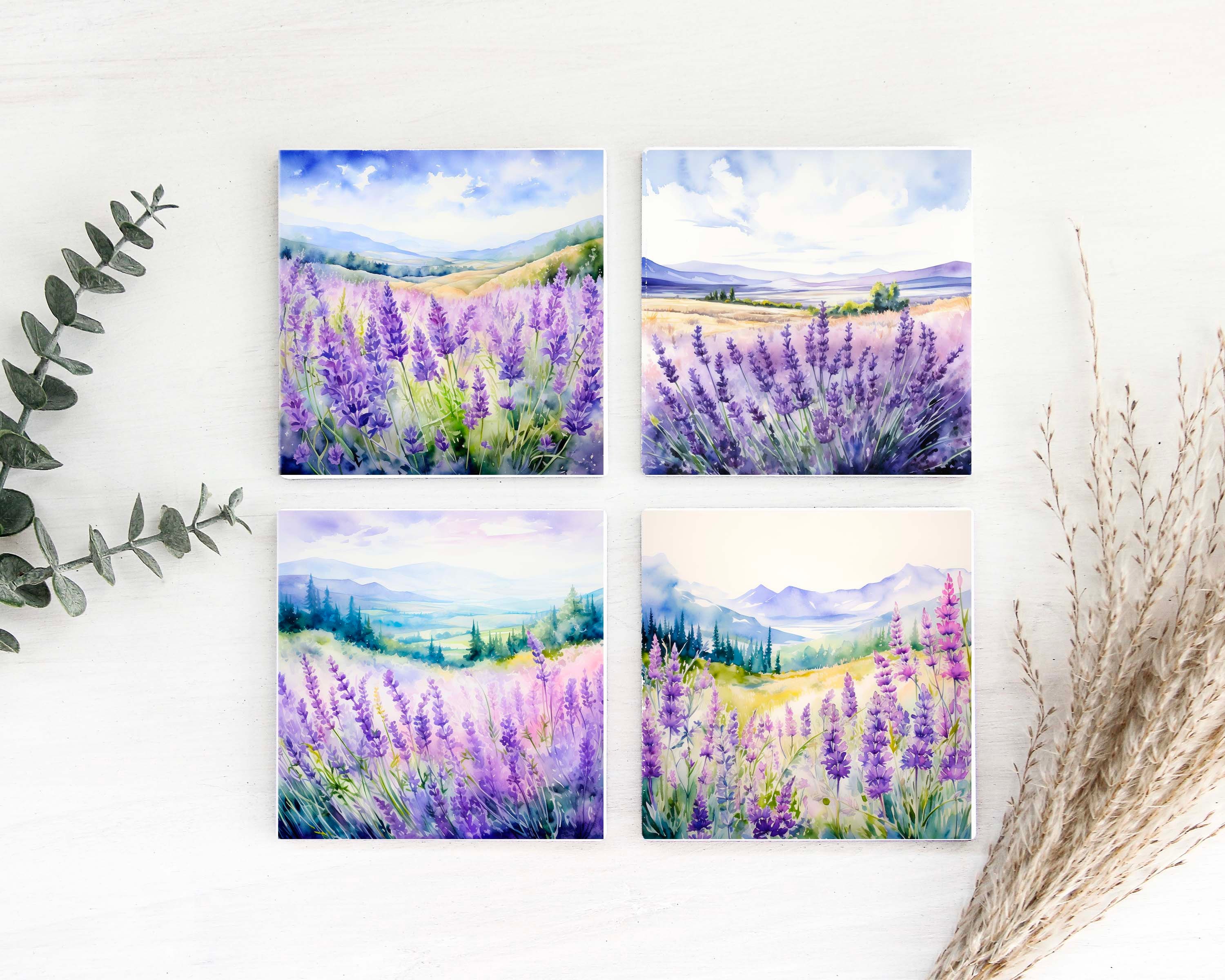 Lavender Fields Coasters, Set of 4, Ceramic Tile Coaster, Drink Coaster, Patio Coasters, Wildflower Coaster, Floral Coaster, cute coasters