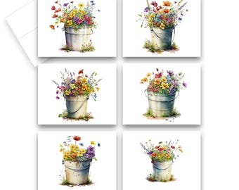 Note Card Set, Assorted Bucket of Wild Flowers, Greeting Cards, Wild flower cards, cards with flowers, blank cards, assorted cards, notecard