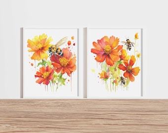 Pollinating Bees Print Set of 2, Floral Watercolor Wall Art, flower art, Watercolor Floral Print, Watercolor Honey bee Print, Watercolor art