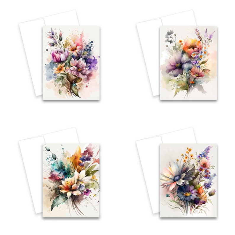 Assorted Watercolor Flowers Greeting Card Set, Blank Notecard, Assorted ...