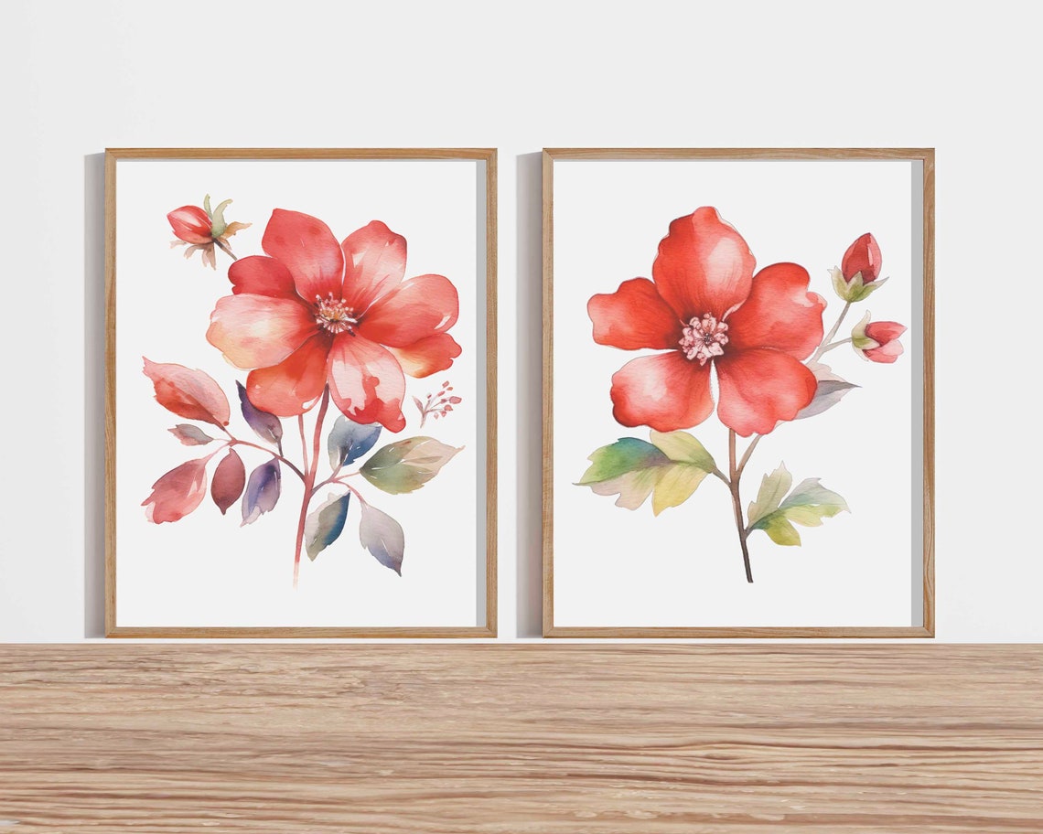 Red Hibiscus Watercolor Print Set of 2, Floral Watercolor Wall Art