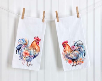 Floral Chicken Hand Towel Set, Flour Sack Towel, Dish Towel, Chicken tea towel set, Flour Sack Dish Towel, Kitchen towel set, bird towel set