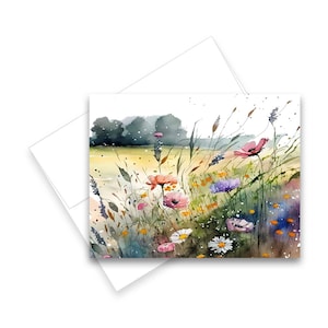 Pode incluir: Pintura em aquarela de um campo de flores silvestres em tons de rosa, vermelho, roxo e amarelo. As flores est&atilde;o em primeiro plano com um fundo desfocado de &aacute;rvores verdes e um campo amarelo.