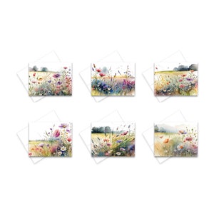 Pode incluir: Seis aquarelas de flores silvestres num campo. Cada pintura apresenta um arranjo diferente de flores silvestres em tons de rosa, roxo, amarelo e branco.
