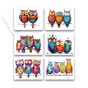 May include: Six cards featuring colorful illustrations of owls with different patterns and colors. The owls are depicted in various poses, some with their wings spread, others with their eyes closed. The cards are perfect for sending a whimsical message.
