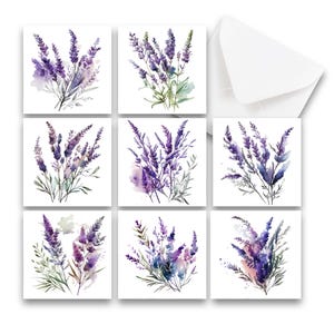 May include: Set of nine watercolor illustrations of lavender flowers on a white background. The illustrations are in shades of purple, green, and white.