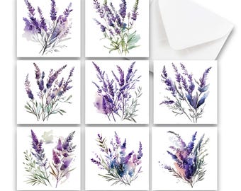 Juego de 8 mini tarjetas de notas, tarjetas de notas de acuarela color lavanda con sobres, tarjetas de felicitación para toda ocasión, etiquetas de regalo, tarjetas pequeñas, tarjetas en blanco