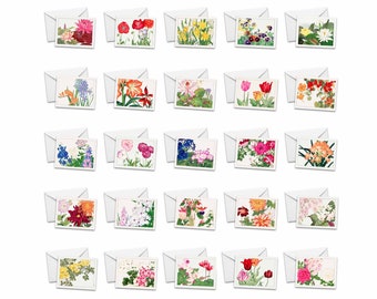 Assorted Vintage Botanical Greeting Cards Set of 25 - Japanese art Stationery, Flower Notecards, blank notecard, greeting card assortment