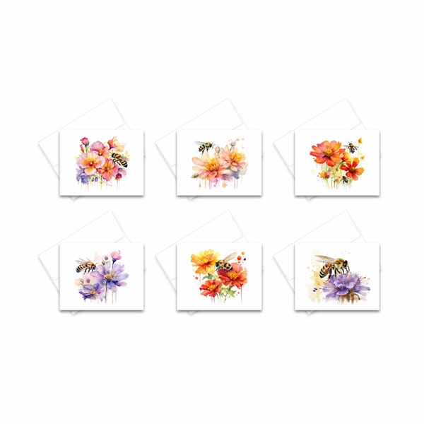 Assorted Cards, Bumble Bee Cards, Set of Blank Note Cards, Flower Notecards, All occasion cards, watercolor note cards, greeting card set