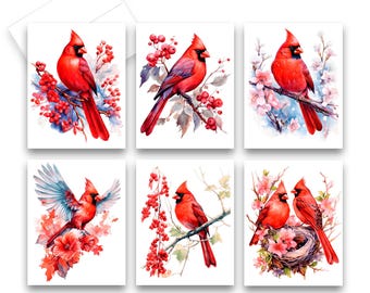 Set of blank note cards, Cardinal Cards, Assorted Cards, Folded Stationery, Just because card, note card pack, watercolor notecard