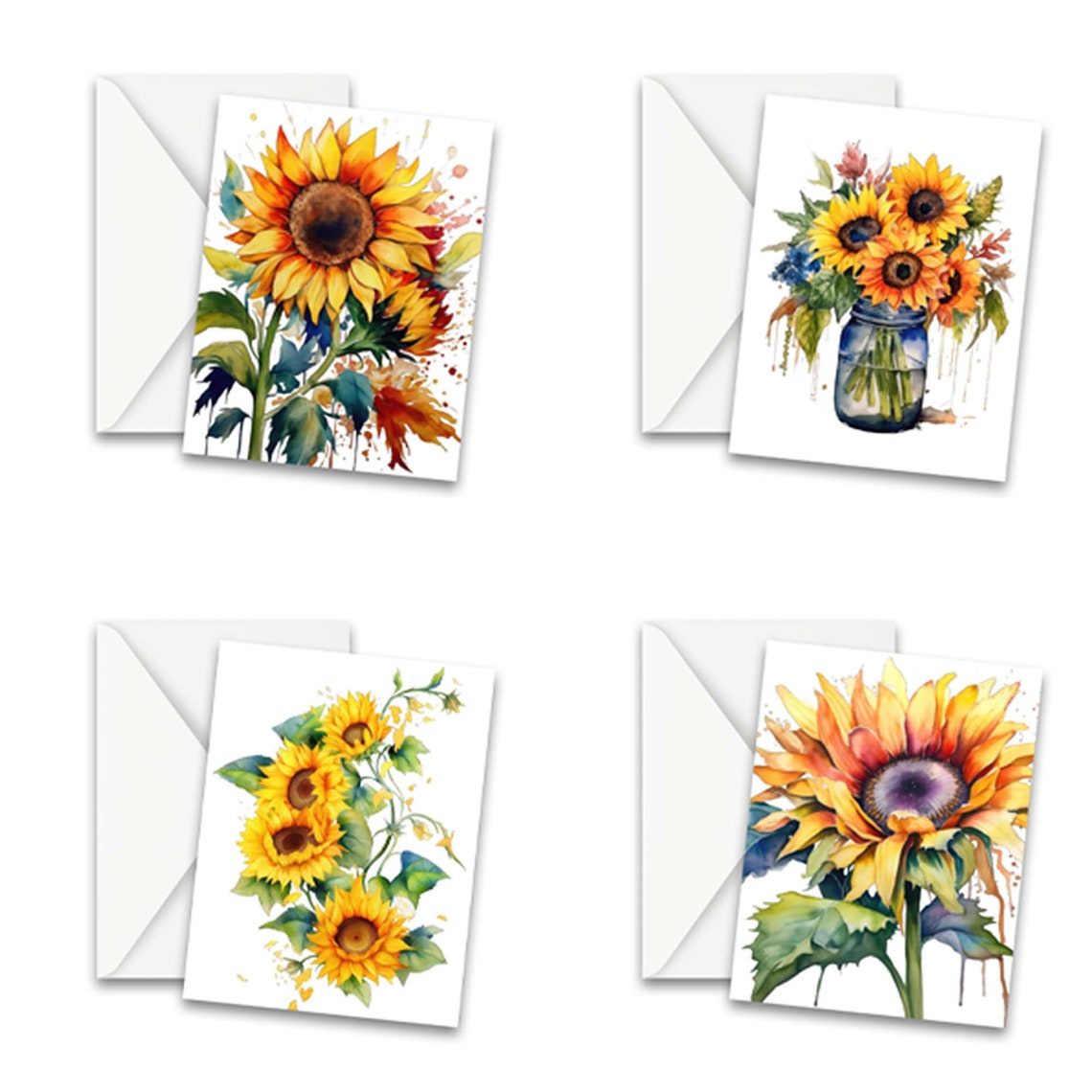 NOTECARDS, Assorted Watercolor Sunflower Greeting Card Set, Stationery ...