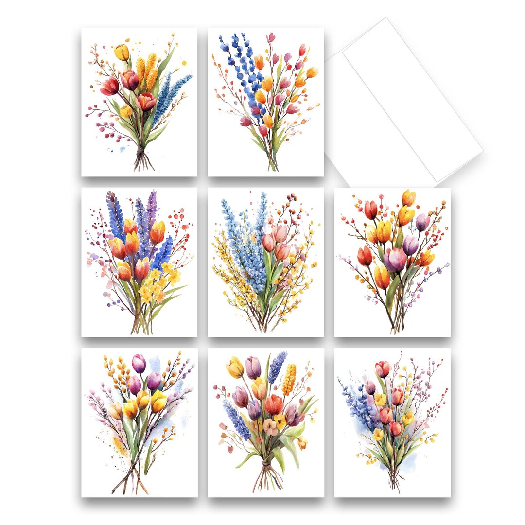 Assorted Greeting Cards, Floral Bouquet Cards, Set of 8, Blank Cards ...