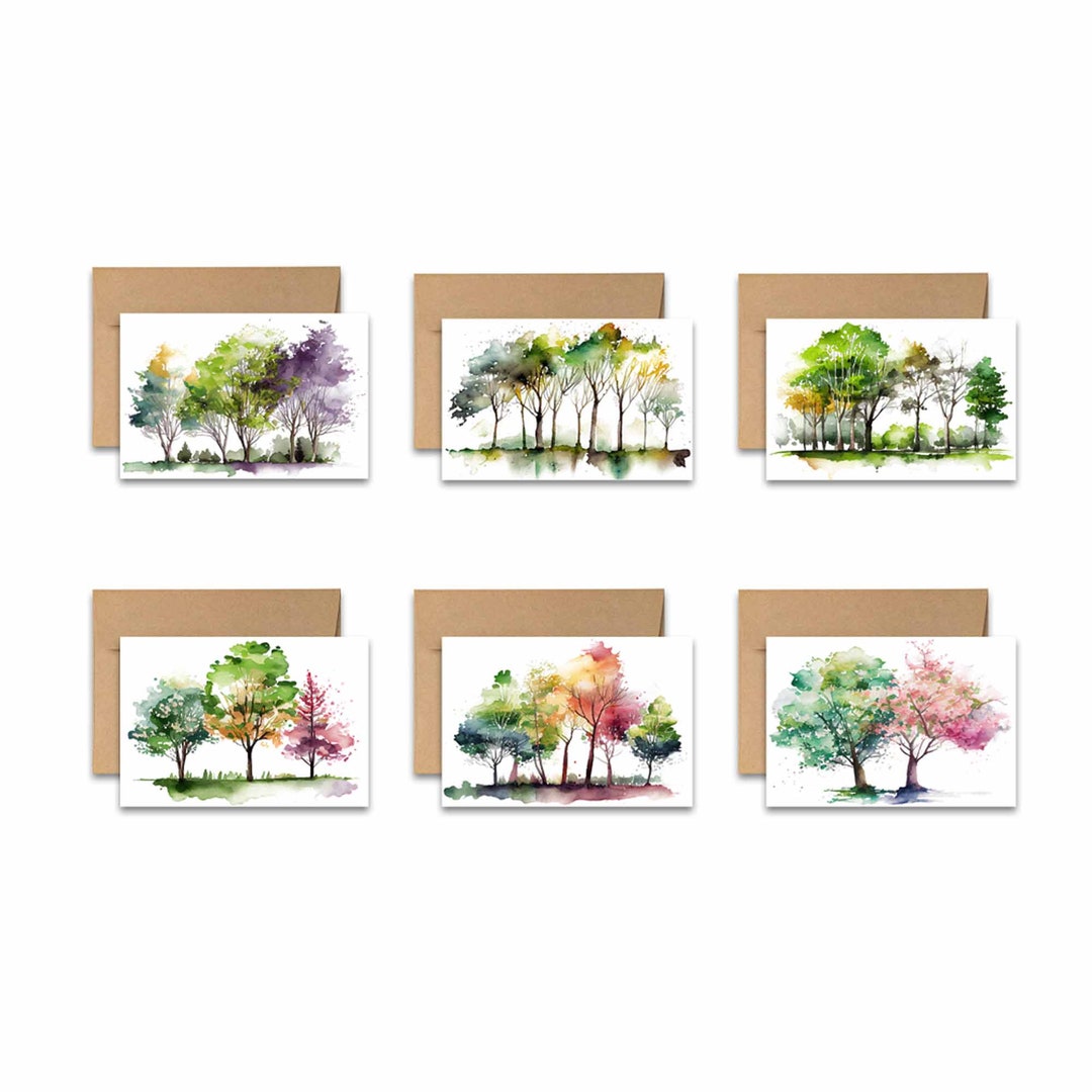 Flat Notecards, Set of 12, Watercolor Spring Tree Cards, Blank Cards ...