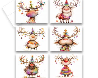 Tarjetas de felicitación navideñas divertidas con renos, juego de tarjetas de notas, tarjetas navideñas, tarjetas de notas en blanco, tarjetas navideñas variadas, tarjetas navideñas originales