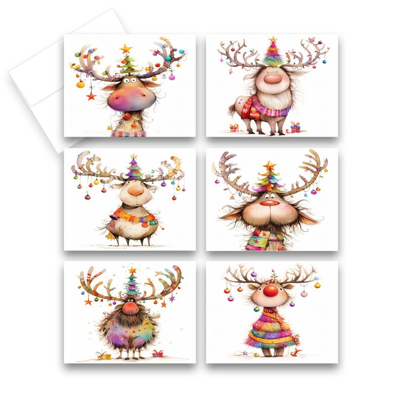 May include: Set of six Christmas cards featuring whimsical reindeer illustrations. Each card showcases a different reindeer design with festive decorations, including colorful ornaments, scarves, and Christmas tree antlers. The cards are on a white background.