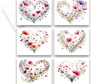 Wildflower Heart Wreath Assorted Cards, blankinside, Valentines day card, note cards with envelopes, cards with hearts