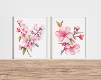 Watercolor Cherry Blossom Print Set of 2, Floral Watercolor Wall Art, flower art, Watercolor Floral Print, Watercolor Flower Print, wall art