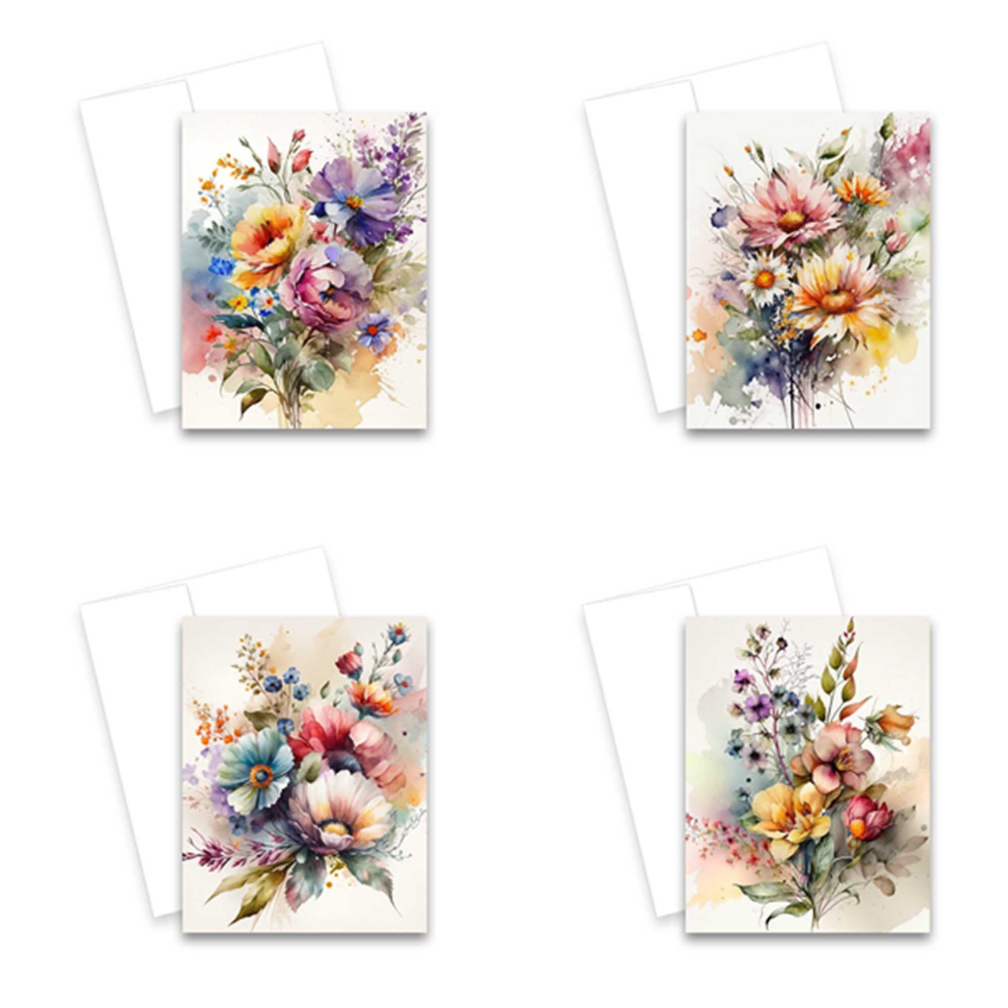 Assorted Watercolor Flowers Greeting Card Set, Blank Notecard, Assorted ...