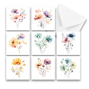 May include: Set of nine watercolor floral greeting cards with white envelopes. Each card features a different arrangement of colorful flowers with a white background.