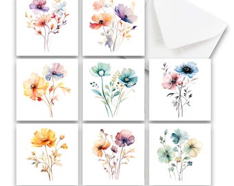 Mini Note Card Set of 8, Watercolor Wildflower Notecards with Envelopes, All Occasion Greeting Card, Gift tags, Little Notecards
