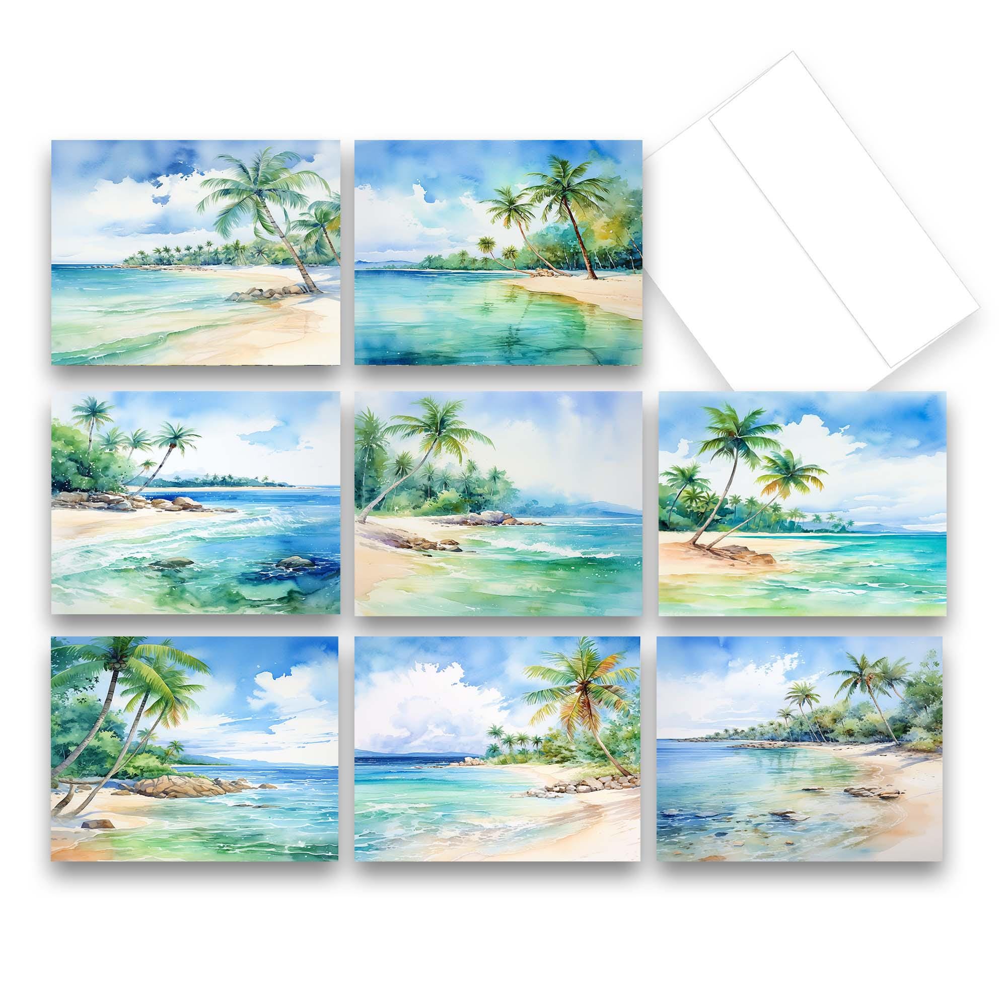 Assorted Note Cards, Watercolor Tropical Beach Scene Cards, Set of 8 ...