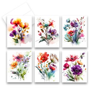 Greetings Card Set, Assorted Wildflowers, Note Cards, Stationery set, cards with Watercolor flowers, blank cards, notecards with envelopes