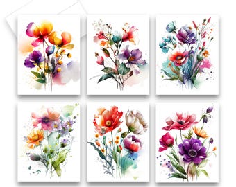 Greetings Card Set, Assorted Wildflowers, Note Cards, Stationery set, cards with Watercolor flowers, blank cards, notecards with envelopes