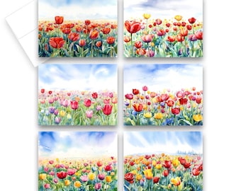 Tulip Field Cards, Watercolor greeting cards, assorted cards, tulip cards, set of blank note cards, all occasion cards, thank you cards