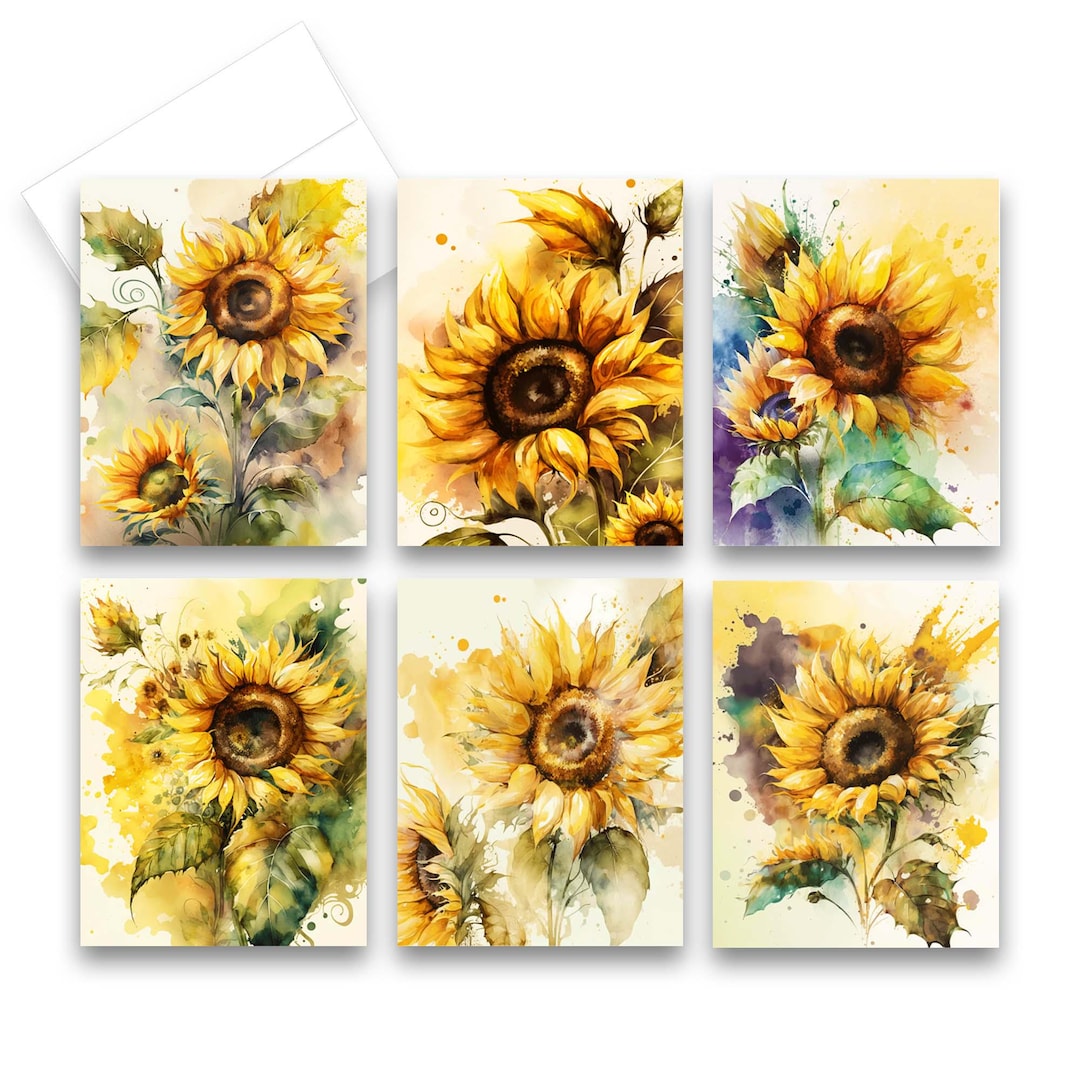 Watercolor Sunflower Note Card Set, Assorted Cards, Watercolor Note ...