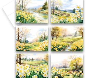 Watercolor Daffodil Fields Notecard Set, assorted cards, daffodil flower note card, set of blank cards, all occasion cards, greeting card