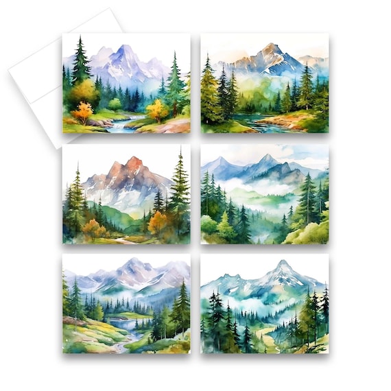 Watercolor Mountain Cards, Assorted Cards with Envelopes All Occasion, Blank Art note cards with envelopes, Watercolor Cards with Envelopes