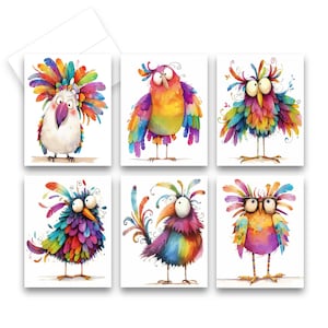 May include: Set of six greeting cards featuring whimsical, colorful bird illustrations. Each card showcases a unique bird design with vibrant feathers in shades of red, blue, yellow, and green. The birds have expressive eyes and are set against a white background.