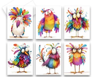 Funny Birds Assorted Greeting Cards, animal cards, blank inside, all occasion notecards with envelopes