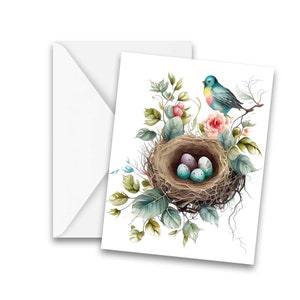 May include: A watercolor painting of a bird's nest with blue and green eggs inside. The nest is surrounded by green leaves and pink flowers. A blue bird is perched on a branch above the nest.