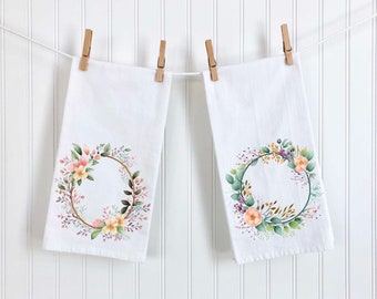 Floral Wreath kitchen towel Set, Flour Sack Towel, Dish Towel, Kitchen Decor, Spring Home Decor, tea towel set, Flour Sack Dish Towel