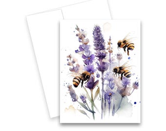 Watercolor Lavender Bees Greeting Cards, floral watercolor cards, notecard set, adorable birthday cards, blank greeting cards with envelopes