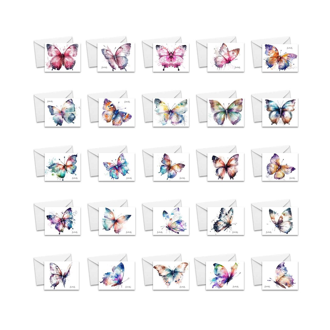 Assorted Watercolor Butterfly Greeting Cards Set of 25 - Stationery ...