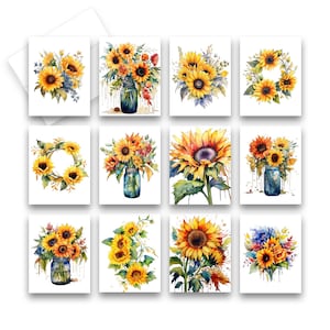 May include: Twelve watercolor paintings of sunflowers in various arrangements. Some sunflowers are in mason jars, others are in wreaths, and some are in bouquets. The paintings are all on white backgrounds.