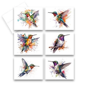 May include: Set of six watercolor hummingbird illustrations. Each hummingbird is depicted with vibrant colors and intricate details, set against a background of colorful watercolor splatters.