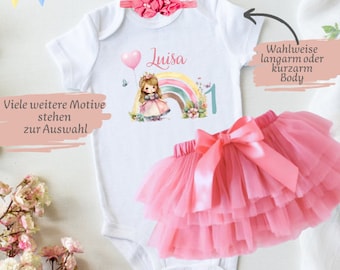 Geburtstags Outfit Mädchen 1-2 Jahre, Regenbogen, Prinzessin Motive, 3-teiliges Set Oder 1. Geburtstags Body personalisiert