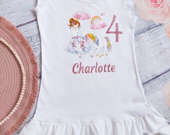 Mädchen Geburtstags Kleid mit Namen & Zahl, Tunikakleid mit Einhorn/Prinzessin/Ballerina Aquarell Motiven 2-8 Jahre