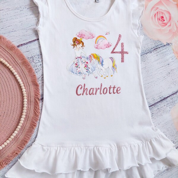 Mädchen Geburtstags Kleid mit Namen & Zahl, Tunikakleid mit Einhorn/Prinzessin/Ballerina Aquarell Motiven 2-8 Jahre