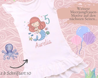 Mädchen Geburtstagskleid mit süssen Meerjungfrau Motiven, Tunika Rüschenkleid mit Namen 2-6Jahre